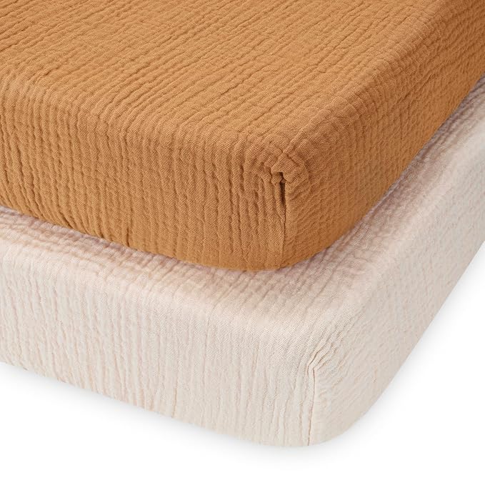 Blissful Diary Muslin Mini Crib Sheets, Pack and Play Mattress Sheets Fitted for Pack N Play, Soft Cotton for Boys Girls, 2 Pack(Retro Yellow&Beige)