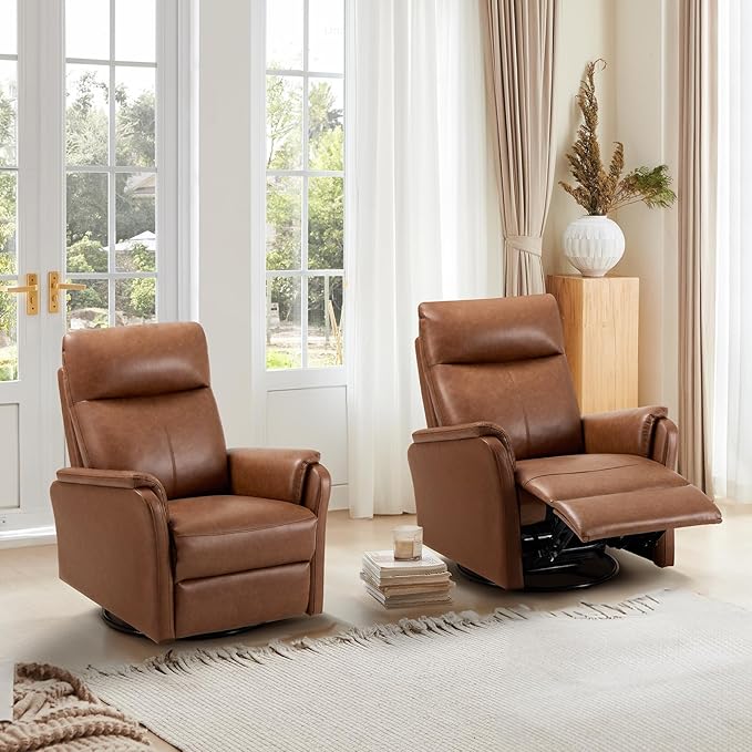 Swivel Rocking Recliner Glider Chair, Leather Reclining Rocker Chair with Footrest for Living Room, Nursery, Office, Bedroom, Ergonomic High Backrest, Wide Seat Cushion and Metal Base-Cocoa