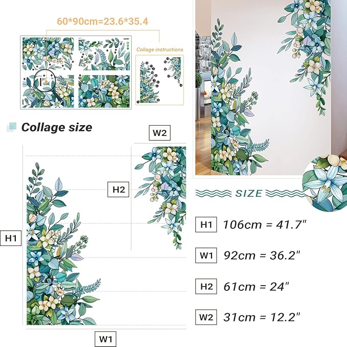 Flowers Wall Decals Vinyl Ancient Style Flowers Wall Stickers Ginkgo Landscape Painting Stickers Spring Flower Tree Branch Window Clings for Kids Room Nursery Living Room Kitchen Decor Gifts (#2)