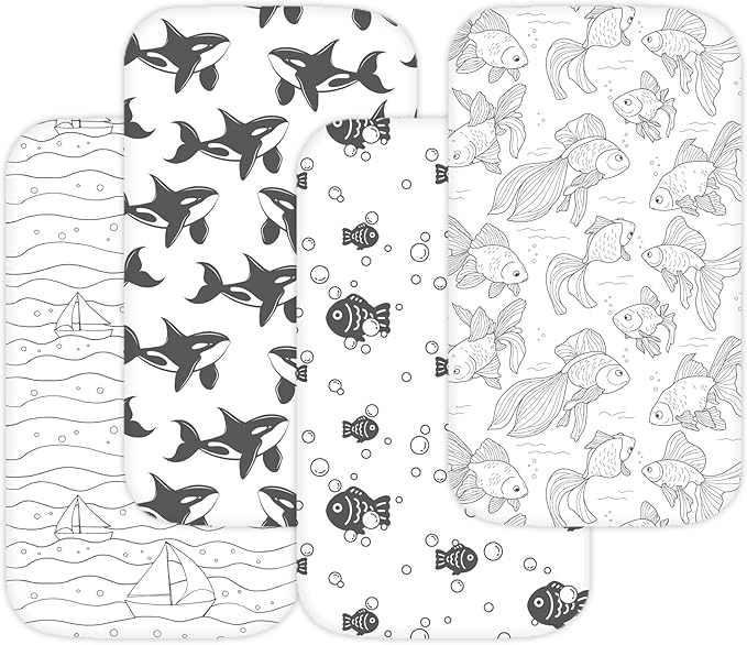 Bassinet Sheets for Ronbei, Baby Joy, Baby Delight Beside Me Dreamer, and Nordmiex Bassinet, 4 Pack, 33x20 Inch, Ultra Soft, Breathable Snug Fit, Unisex Boys Girls, Gray White (Ocean Fish Theme)