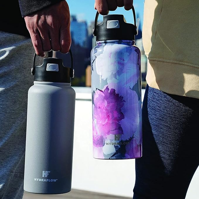 Hydraflow Hybrid - Triple Wall Vacuum Insulated Water Bottle with Flip Straw (34oz, Powder Black) Stainless Steel Metal Thermos, Reusable Leak Proof BPA-FREE for Sports and Travel