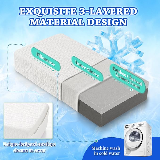 HARBOREST Ice Cube Cooling Pillow for Side Sleepers Memory Foam Side Sleeper Pillow Support Head & Neck for Pain Relief，12"x24"x5"