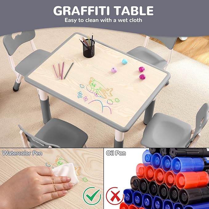 Kids Table and Chairs Set, Height Adjustable Desk With 4 Seats for Ages 2-10,Arts & Crafts Table,Graffiti Desktop, Non-Slip Legs, Max 300lbs, Children Multi-Activity Table for Classrooms,Daycares,Home