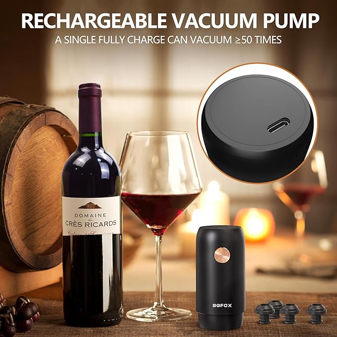Electric Wine Saver Pump with 4 Reusable Vacuum Wine Stoppers, Rechargeable Automatic Wine Bottle Sealer for Keeps Wine Fresh, Gifts for the Elderly and Arthritis Sufferers