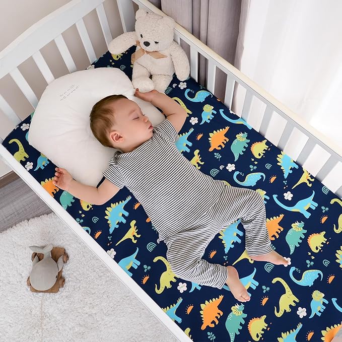 PHF Soft Crib Sheet Fitted, 2 Pack Baby Sheets for Boys Girls, 28x52x9in Fits Standard Crib and Toddler Mattresses, Silky Comfy Breathable Polyester Baby Mattress Sheets, Dinosaur