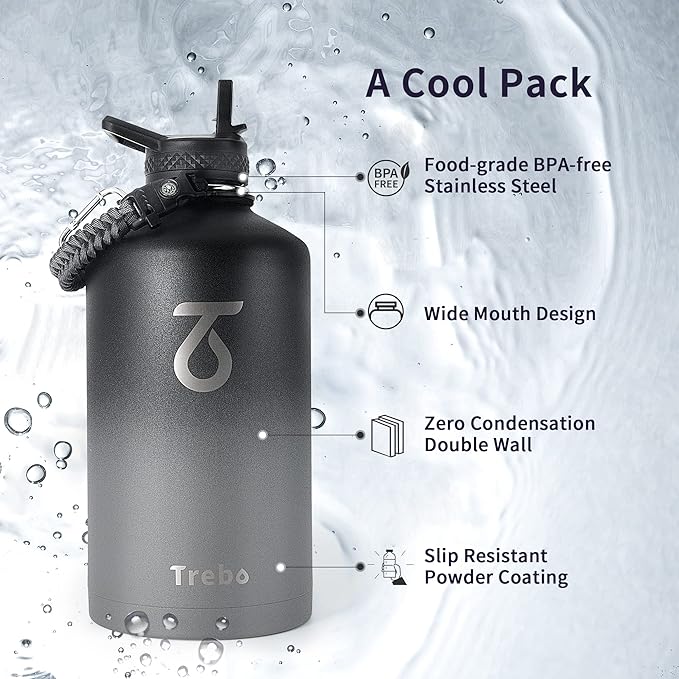 Trebo One Gallon Water Bottle Insulated with Paracord Handle,128oz Stainless Steel Sports Large Jug Food-grade Double Wall Vacuum with Straw Spout Handle Lids, Leakproof Keep Cold & Hot, Dark Gray