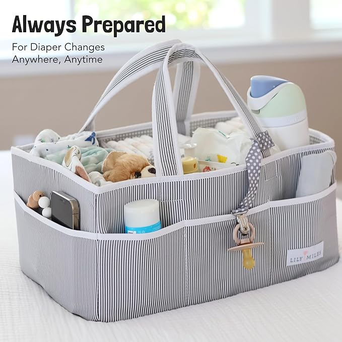 Lily Miles Baby Diaper Caddy Organizer - Baby Shower Basket for Newborn Boys or Girls - Nursery Must Haves for New Mom - Baby Registry Favorites - Large Storage Tote for Changing Table or Car, Gray
