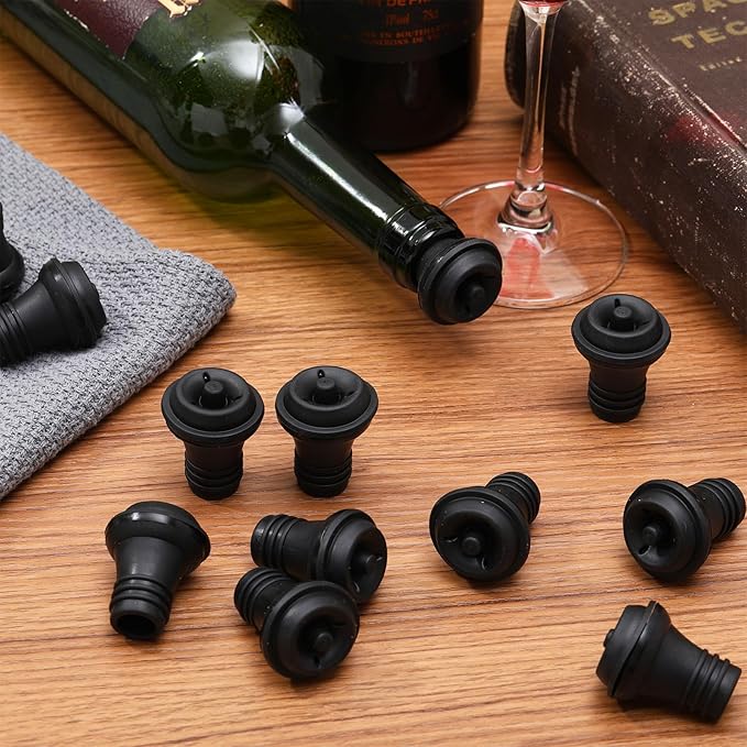 Honoson Wine Stopper Resealable Wine Pump Vacuum Stoppers Vacuum Wine Stopper Silicone Wine Saver Stoppers Practical Wine Saver Stoppers for Kitchen Supplies Wine Bottle Tools (Black,12 Pieces)