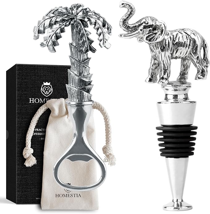 Homestia 2PCS Elephant Wine Stopper with Palm Tree Beer Bottle Opener Set, Wine Topper Seal Corks Silicone Wine Stopper, Reusable Cork Stoppers Bottle Toppers, Corks Stoppers