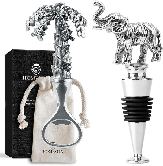 Homestia 2PCS Elephant Wine Stopper with Palm Tree Beer Bottle Opener Set, Wine Topper Seal Corks Silicone Wine Stopper, Reusable Cork Stoppers Bottle Toppers, Corks Stoppers