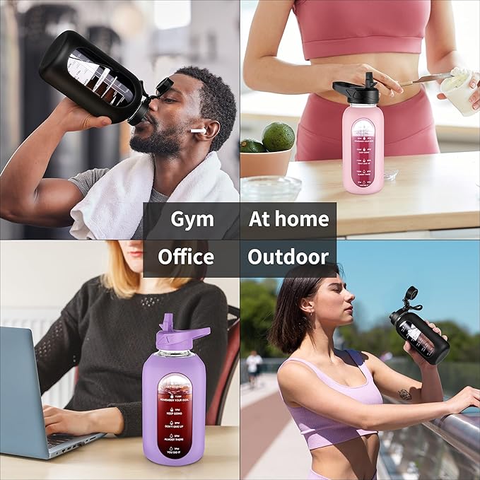 CIVAGO 32 oz Glass Water Bottle with Straw and Handle, Large Sports Motivational Water Bottle Flask with Time Marker and 2 Lids, Leakproof Water Jug Canteen with Silicone Sleeve for Gym White