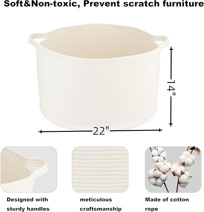 Large Cotton Rope Basket Blankets Basket Living Room 22"x14" Toy Basket for Kids and Dogs Rope Storage Basket for Nursery Woven Laundry Basket for Clothes Towels Baby Toy Storage round white