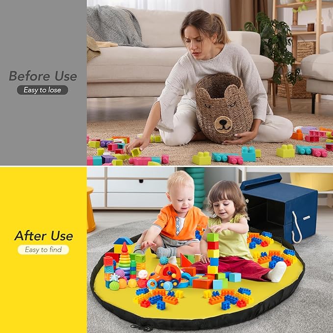 Toy Storage Organizer and Play Mat for Kids - Foldable Organizer Storage Bins with Lids - Detachable Mat Storage Bag Kids Toy Box for Boys, Girls, Nursery, Playroom, 11.6''x11.6''x15.5''(Blue)