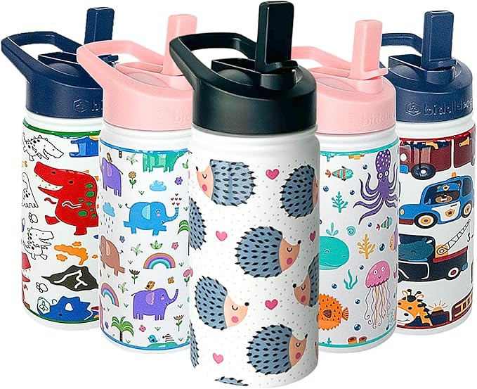Biddlebee Kids Water Bottle with Straw Lid | 14oz Insulated Stainless Steel Reusable Bottles for School | Leak Proof Cap with Handle & Touch Free Spout | Great for Boys & Girls