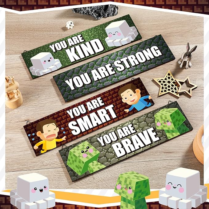 4 Pcs Game Bedroom Wall Decor Boys Room Decor for Kids Inspirational Wooden Hanging Wall Sign Motivational Quote Car Wall Decor for Boys Kids Nursery Playroom Kindergarten