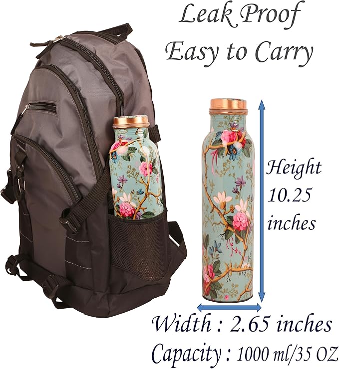 Pure Copper Water Bottle - Handcrafted - Ayurveda health benefits - Large 35 oz - Leak proof - Easy to carry for Sports, Fitness, Yoga, School - Sky Blue Base Floral Vines Colorful Enamel