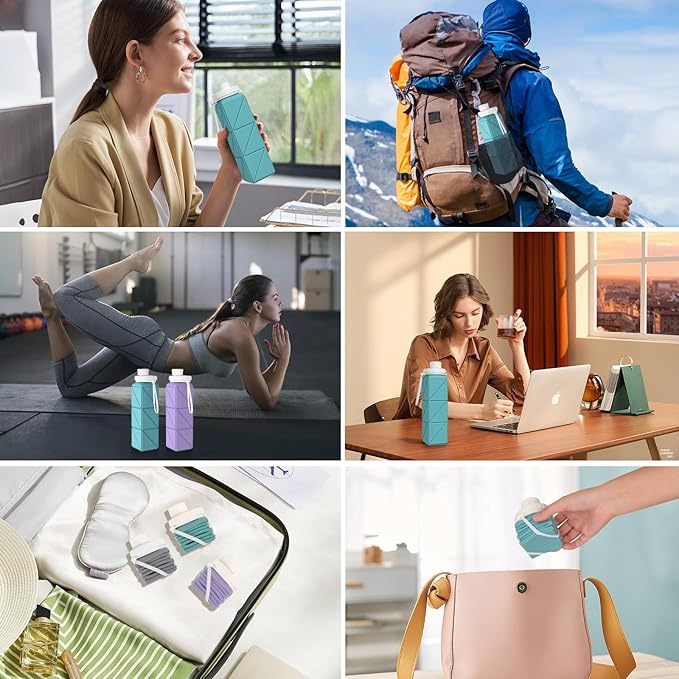 Collapsible Water Bottles 20.7oz Leakproof with Straw Lid Food-Grade BPA-Free Silicone Travel Foldable Water Bottles for Sports Office Gym Hiking Driving 610ML (Pink+Nave Blue+Green+Grey)