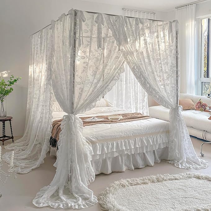 Mengersi Canopy Bed Curtains with Tie Backs,Bed Canopy Curtains Bed Drapes Sheer Curtains for Bedroom Decor（California King,White