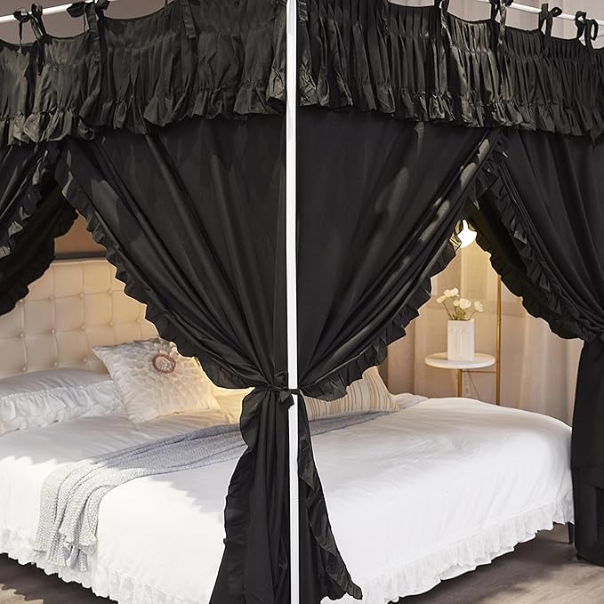 Ruffle Lace up 4 Corners Post Princess Curtain Bed Canopy Cozy Breathable Mosquito Net Cloth for Girls Adults Bedroom Decoration (Black, 53" W*78" L*82" H/Full)
