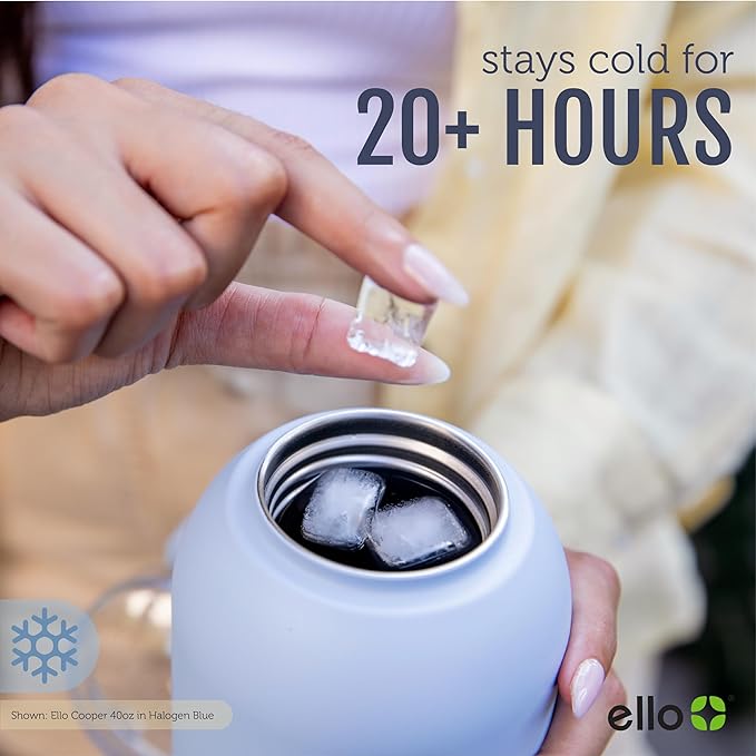 Ello Cooper 40oz Stainless Steel Water Bottle with Straw and Carry Handle, Double Walled and Vacuum Insulated Metal, Leak Proof Locking Lid with Soft Silicone Spout, Reusable, BPA Free, White