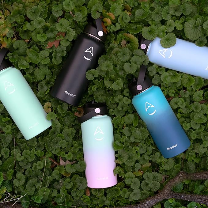 Revelist 32oz Water Bottle - 32 Oz, 3 Lids (Straw Lid, Spout & Screw Top) with Non-Slip Boot, Vacuum Insulated Stainless Steel, Double Walled, Coral Reef (Light Green/Light Pink)