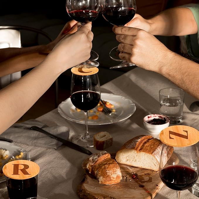 Personalized Wine Glass Charcuterie Topper - Custom Laser Engraved Initial Bamboo Wine Glass Topper Stopper Coasters Plate ID Identification Wine Glass Charcuterie Board Topper (Letter S)