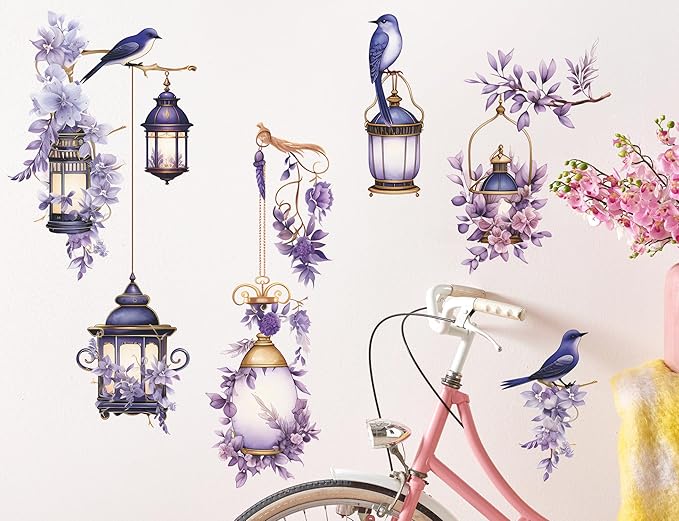 Removable 3D DIY Hanging Flowers Wall Decal Floral and Lamp Wall Sticker Peel and Stick Flower Vine Wall Decor for Kids Girls Bedroom Nursery Living Room Background Decoration (Purple)