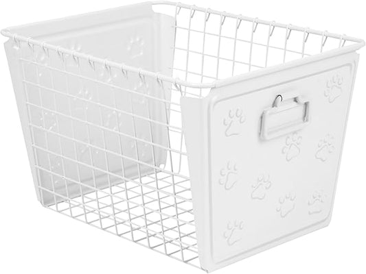 Spectrum Macklin Paw Printed Wire Basket Medium with Label Plate (White) - Storage Bin & Décor for Bathroom, Closet, Pantry, Under Sink, Toy, Shelf, Kitchen, & Nursery Organization