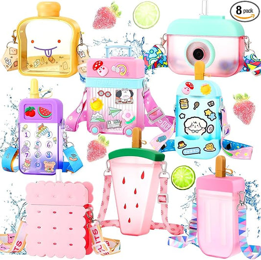Patelai 8 Pcs Cute Water Bottles with Straw Kawaii Watermelon Ice Cream Cups Leak Proof Drinking Bottles with Adjustable Shoulder Strap for Sports Travel Camping(Stylish Style)