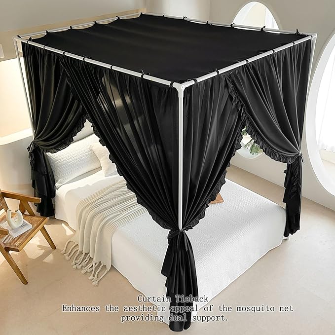 AIKASY Princess Canopy Bed Curtains with Top Ties - Windproof & Lightproof for Girls' Adult Bedroom Decor | Bed Canopy Drapes (Full,Black)