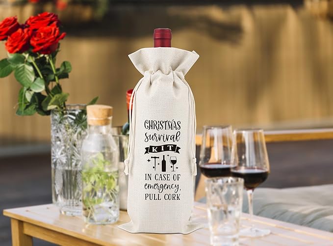 Christmas Survival Kit,In Case of Emergency Pull Cork,Wine Bag Gift for Friends,Sisters,Besties,Colleagues,Family,Daughters,Sons,Goody Bag,Party Favor Bag,Reusable Wine Bag With Drawstring,L45