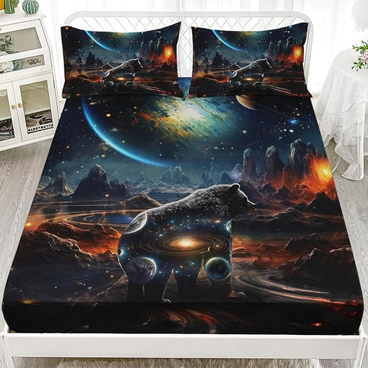 AILONEN Panther Fitted Sheet Set Queen Size, Galaxy Starry Planet Volcano Boys Black Bear Bed Sheet Set,3 Pieces Printed Fitted Sheet with 2 Pillowcases