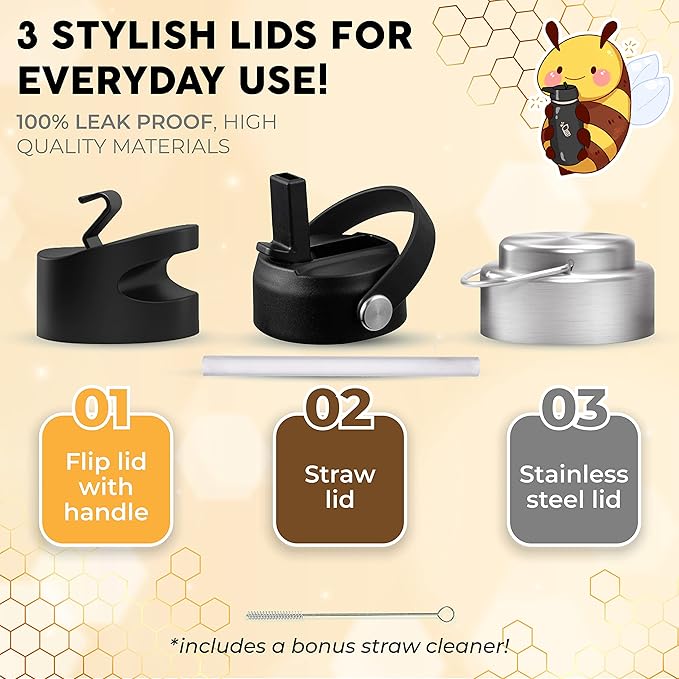Sports Water Bottle - 32 Oz, 3 Lids (With straw), 50 Cute Stickers, Vacuum Insulated, 308 Stainless Steel, with a Portion of Sales Supporting Bee Conservation Efforts (Watermelon)