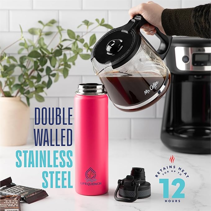 Insulated Water Bottle with Straw and Handle 22 oz-Stainless Steel Water Bottles with Straw, Dual Cap Function & Sleeve, Keeps Drinks Hot Up to 12 Hours & Cold Up to 24 Hours (Hot Pink)