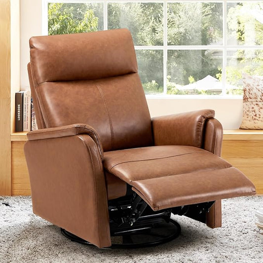 Swivel Rocking Recliner Glider Chair, Leather Reclining Rocker Chair with Footrest for Living Room, Nursery, Office, Bedroom, Ergonomic High Backrest, Wide Seat Cushion and Metal Base-Cocoa