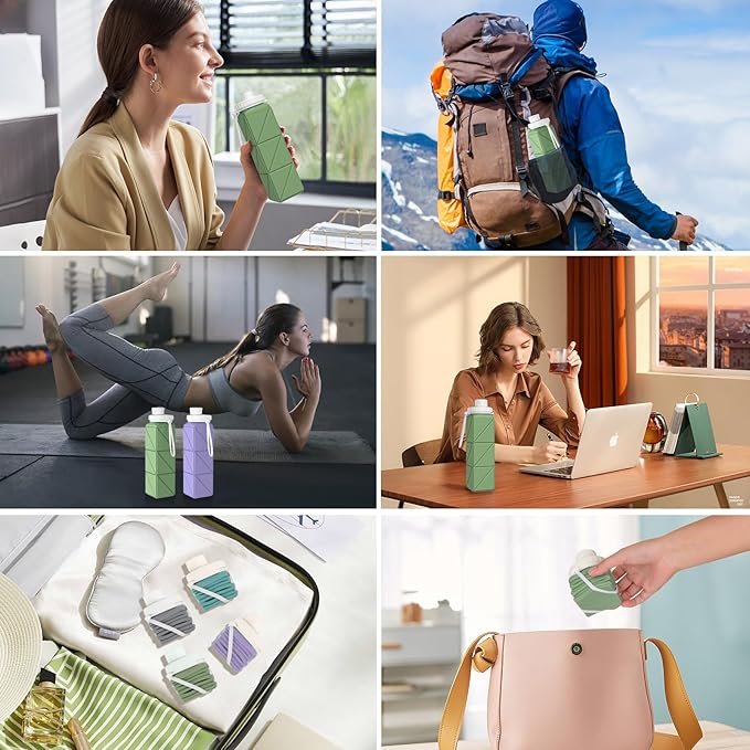 Collapsible Water Bottles 20.7oz Leakproof with Straw Lid Food-Grade BPA-Free Silicone Travel Foldable Water Bottles for Sports Office Gym Hiking Driving 610ML (Type1 Army Green)