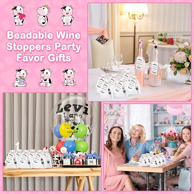 Gisafai 12 Set Cow Beadable Wine Stoppers Baby Shower Wedding Favors for Guests Decorative Beaded Wine Bottle Stopper with Cow Beads Organza Bag Tag for Wedding Cow Party Favor Souvenirs Gifts