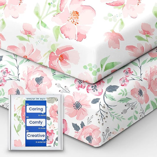 Baby Crib Sheets Girl, TotBasic Premium Soft Crib Mattress Sheet, Ultra Breathable Floral Crib Sheet Fitted, Super Stretchy Jersey Cotton Crib 28" x52‘’x9'' Extra Deep Pocket