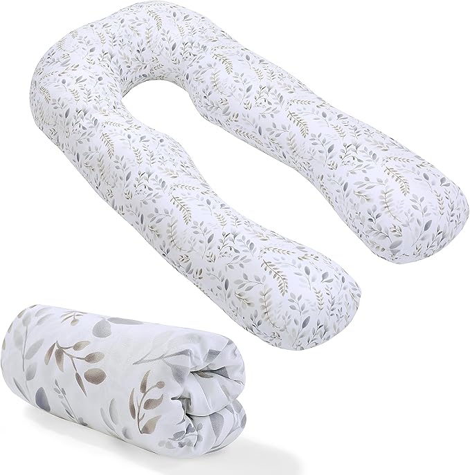 Floral Soft Pregnancy Pillow Cover (ONLY Pillowcase), U Shaped Luxurious Velvet Maternity Pillow Cover with Hidden Zip, Warm Large Pillow Protector for Side Sleeper, White, 61x31 in