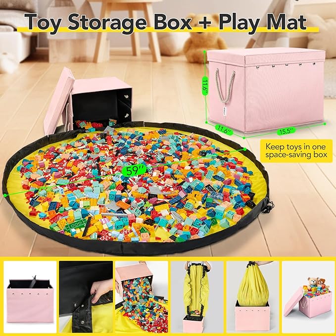 Toy Storage Organizer and Play Mat for Kids - Foldable Organizer Storage Bins with Lids - Detachable Mat Storage Bag Kids Toy Box for Boys, Girls, Nursery, Playroom, 11.6''x11.6''x15.5''(Pink)