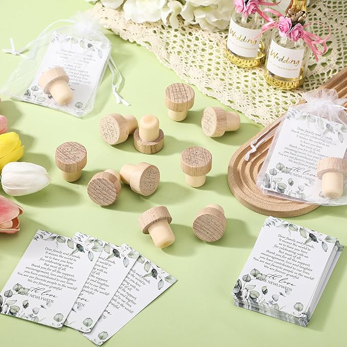 Barydat 50 Sets Wedding Favors for Guests Bulk Engraved Wood Wine Bottle Corks Wine Stopper with Wedding Thank You Cards and Organza Bags Wedding Appreciation Gifts for Guest Thank You Gifts (Novelty)