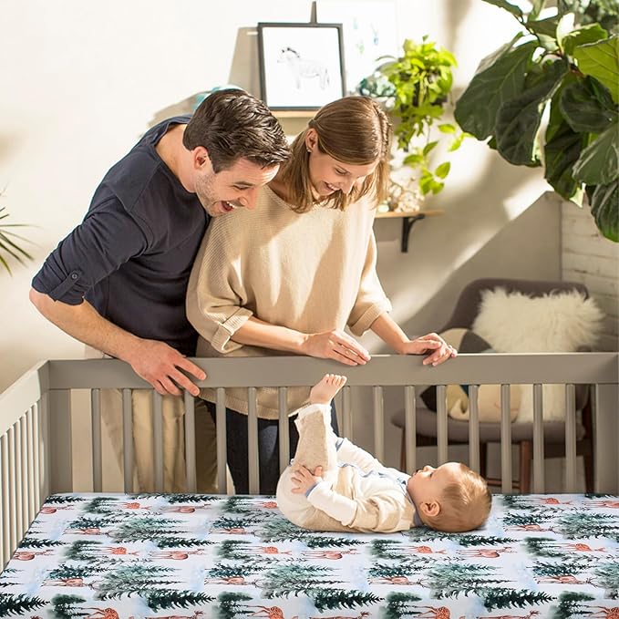 JISEN Fitted Crib Sheets 1 Piece Soft Breathable Baby Crib Sheets for Standard Crib and Toddler Mattress Baby Bed Sheets for Crib for Baby Boys Girls Neutral 28x52 Inch Woodland Animals