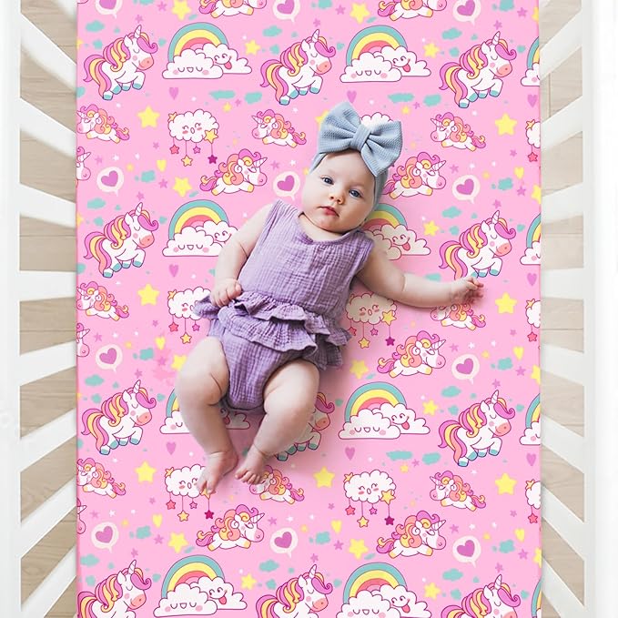 JISEN Baby Crib Sheets Soft Breathable Unicorns Fitted Crib Sheets Pink Baby Sheet for Standard Crib and Toddler Mattress Baby Bed Sheets for Crib for Baby Boys Girls Neutral 52x28 Inch