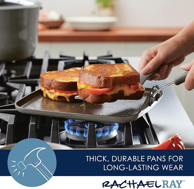 Rachael Ray - 16802 Rachael Ray Cucina Nonstick Cookware Pots and Pans Set, 12 Piece, Sea Salt Gray & Cook + Create Nonstick Stovetop Griddle/Grill Pan, Square, 11 Inch, Gray