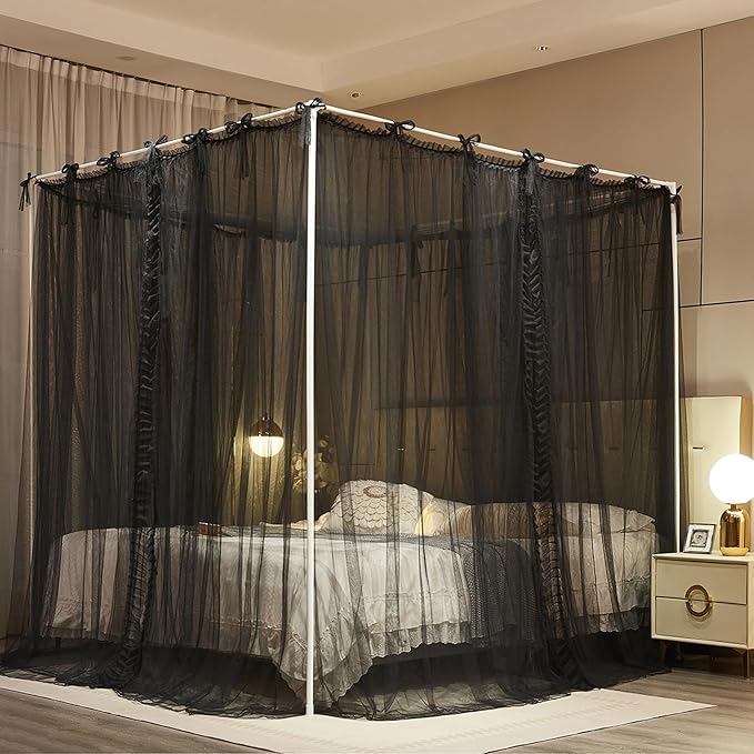 4 Corners Post Princess Curtain Bed Canopy Lace Up Double Layer 4 Opening Mosquito Net Mesh for Girls Bedroom Decoration(Black, 78" W*86" L*82" H/King)