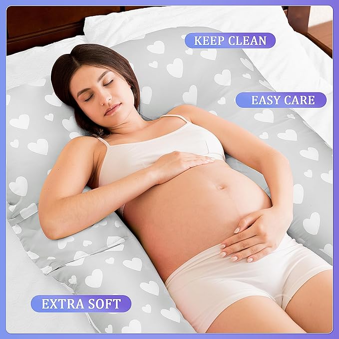 Floral Soft Pregnancy Pillow Cover (ONLY Pillowcase), U Shaped Luxurious Velvet Maternity Pillow Cover with Hidden Zip, Warm Large Pillow Protector for Side Sleeper, Grey, 59x31 in