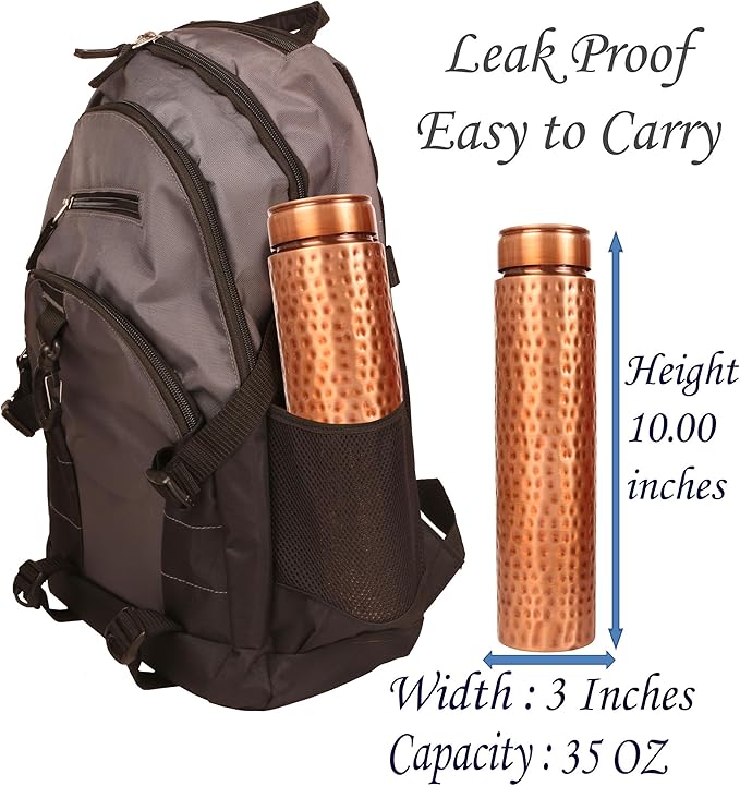 Pure Copper Water Bottle - Handcrafted - Ayurveda Health Benefits - 33 OZ - Leak proof - Easy to carry for Sports, Fitness, Yoga, School - Hammered Copper Matte Finish Vintage.