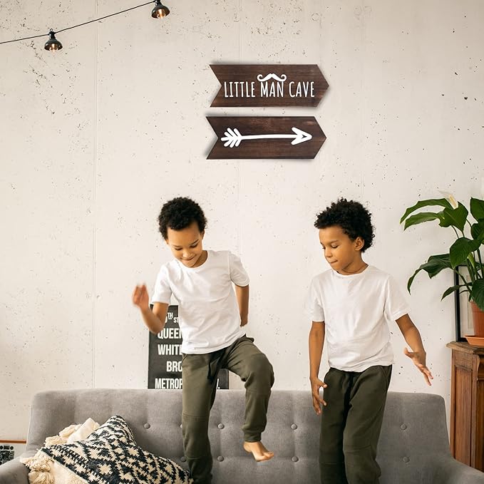 Nursery Wall Decor - 2 Pcs Little Man Cave Sign, Baby Boy Woodland Nursery Decor for Kids Toddler Bedroom Playroom Sign Decoration, Wooden Arrow Wall Art Brown (14 inch)