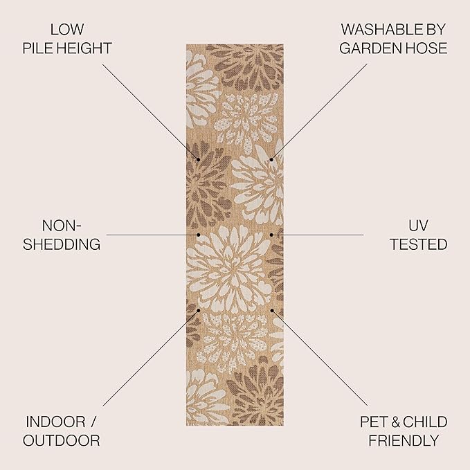 JONATHAN Y SMB110I-210 Zinnia Modern Floral Textured Weave Indoor Outdoor Runner Rug, Bohemian Coastal Mediterranean Easy Cleaning,Bedroom,Kitchen,Backyard,Patio,Non Shedding, Brown/Cream, 2 X 10
