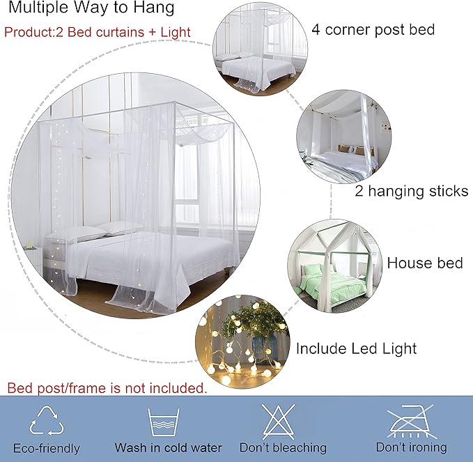 Akiky Canopy Bed Curtains with Light Princess Bed Canopy Scarf for Full/Queen Metal Bed Frame,Wood Frame Bed-2 Panel Sheer Curtain(Full/Queen,Pink)